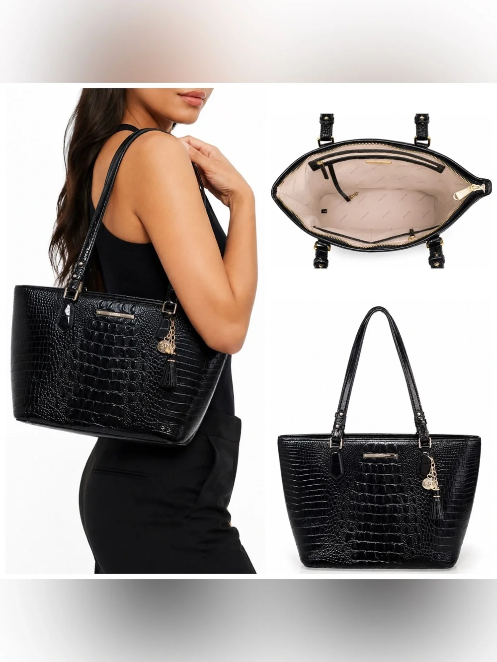 BRAHMIN. Asher Leather Croc Embossed Melbourne Tote with Free Scarf & Dust Bag.